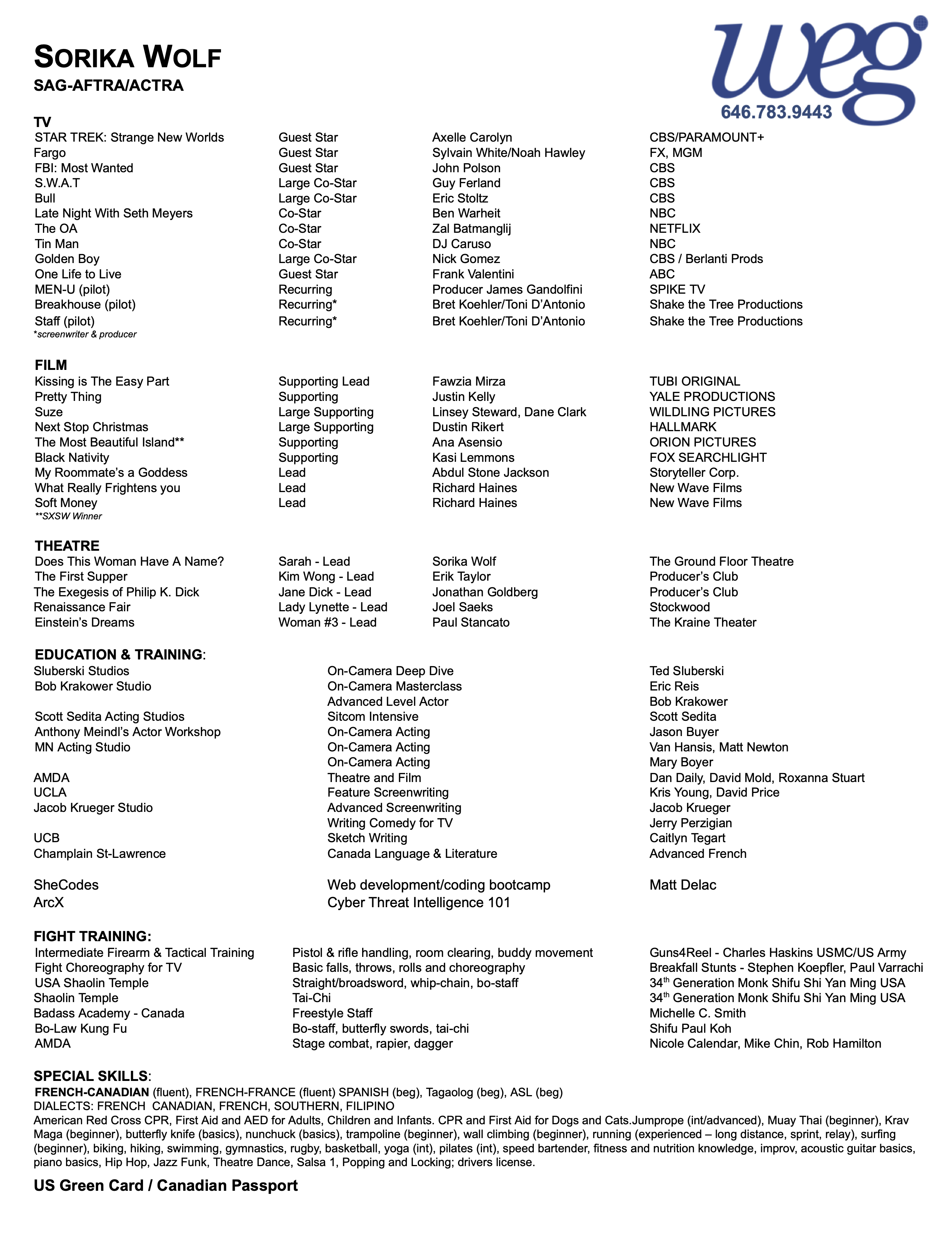 Sorika Wolf's acting resume